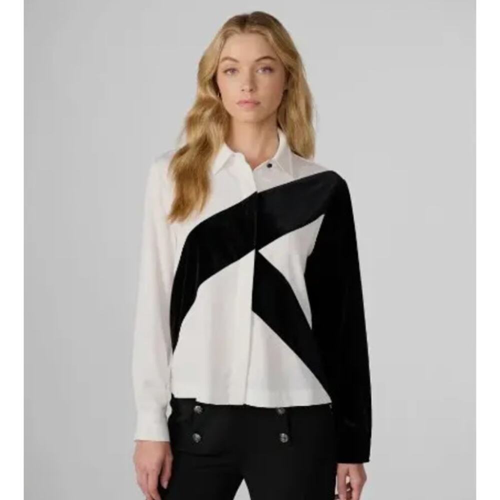 Karl Lagerfeld Paris | Logo Colorblock Button Down Crop Top Size S